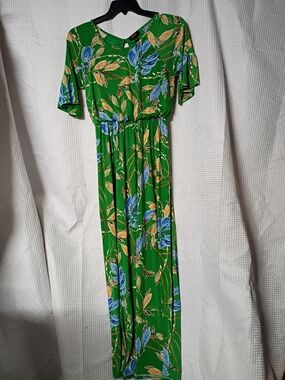 Espresso Green Maxi Dress with Blue and Tan Floral Print